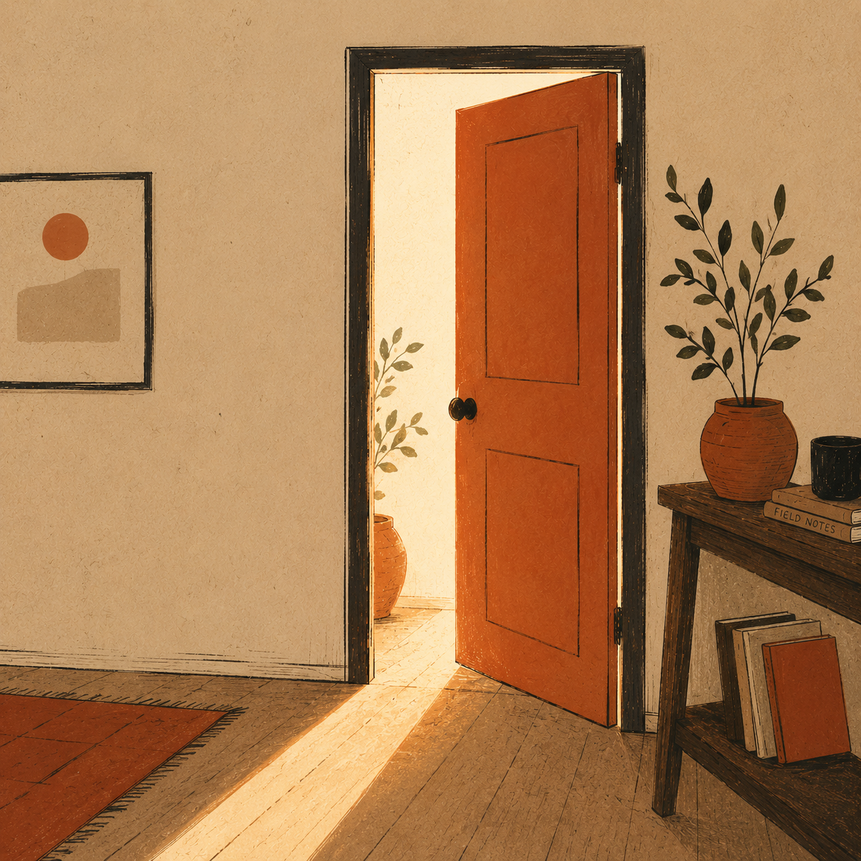 A doorway slightly ajar with warm light spilling through