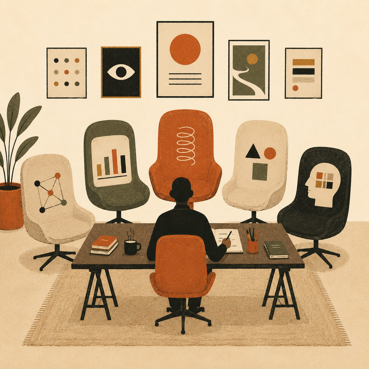 A founder at a desk attended by AI agents handling business work